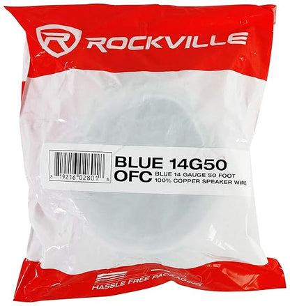Rockville Blue 14G50 OFC 14 Gauge 50 Foot 100% OFC Copper Speaker Wire, Tinned Marine-Grade Jacket, Flexible Stranded Design, for Car, Marine, Outdoor & Home Audio