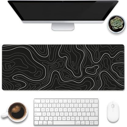 Eflxamz Desk Mat,Black Topographic Contour Map Desk Pad,Topographic Contour Large Gaming Mouse Pad for Desk,Extended Big Computer Keyboard Mouse Pad with Non-Slip Base and Stitched Edge,31.5"x11.8"
