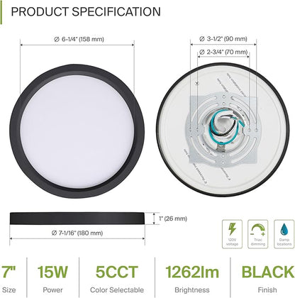 ASD LED 7" Round Flush Mount Ceiling Light Fixture, Low Profile Surface Lighting | 5CCT, Dimmable, Ultra-Thin, ETL Listed | 15W 1260LM 2700-6000K 120V | Kitchen, Bedroom, Hallway Lamp | Black, 12 Pack