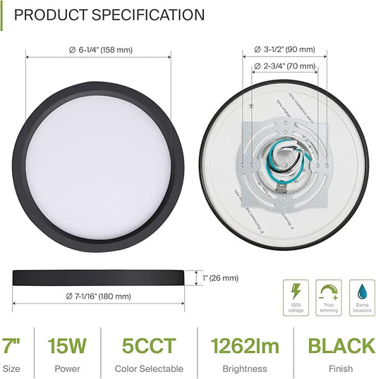 ASD LED 7" Round Flush Mount Ceiling Light Fixture, Low Profile Surface Lighting | 5CCT, Dimmable, Ultra-Thin, ETL Listed | 15W 1260LM 2700-6000K 120V | Kitchen, Bedroom, Hallway Lamp | Black, 12 Pack