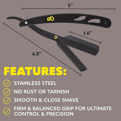 The Beard Club Straight Razor for Men - Navajas Para Barbero - Barber Straight Edge Razor Kit - Premium Single Derby Blade Cutthroat With 10 Replaceable Stainless Steel Blades & Leather Case