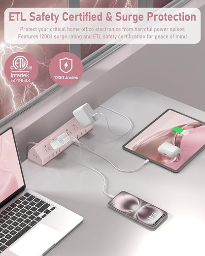 Jgstkcity Desk Clamp Power Strip,65W Fast Charging Station,4 USB-C,4 USB-A,1200J Surge Protector,ETL Listed,1875W Extension Cord,Multiple Outlets for Home, Office (Pink, 6 FT Cable)