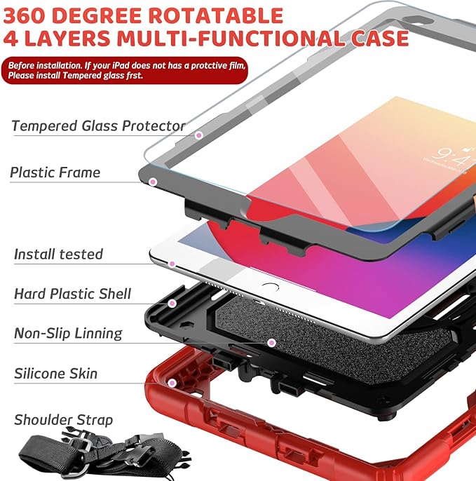 BLOSOMEET Case for iPad 9th Generation 8th Generation 2021 2020 10.2 Inch with Tempered Glass Screen Protector & Pencil Holder, Kids iPad 10.2 7th Gen Cover 2019 w/Stand Hand Shoulder Strap,Red
