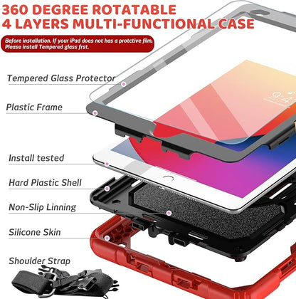 BLOSOMEET Case for iPad 9th Generation 8th Generation 2021 2020 10.2 Inch with Tempered Glass Screen Protector & Pencil Holder, Kids iPad 10.2 7th Gen Cover 2019 w/Stand Hand Shoulder Strap,Red