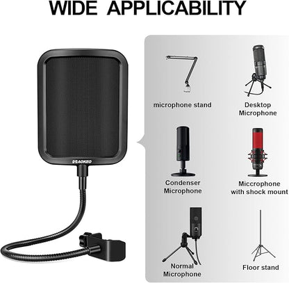 Aokeo Metal Pop Filter,Metal Mesh Layer Microphone Windscreen for Hyperx QuadCast, Blue Yeti and Other Mics,Pop Shield with Flexible 360° Gooseneck Clip Stabilization Arm
