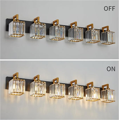 FDPBY Modern Bathroom Vanity Light 6-Lights Black Gold Crystal Wall Lamp Bathroom Modern Crystal Vanity Lighting
