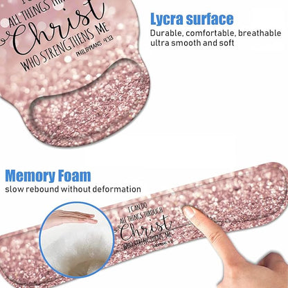 Keyboard Wrist Rest + Mouse Pad Wrist Support Set with Coasters, Non-Slip PU Base Ergonomic Mousepad for Home Office Working Studying Easy Typing & Pain Relief, Bible Verse Philippians 4-13