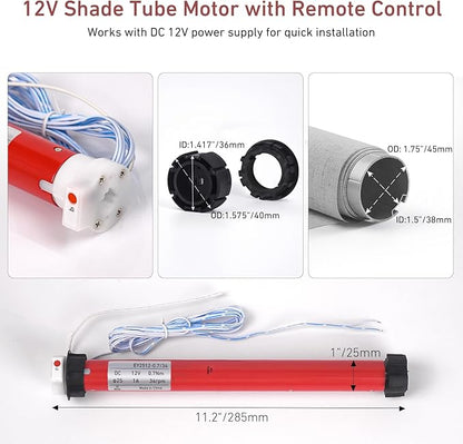 1.75inch (45mm) Blind Motor – 12V Shade Tube Motor with Remote Control – Compatible with 45mm Tubes, Power with DC 12V 2A Power Supply