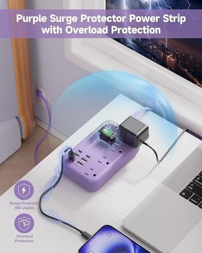 6 USB(2 USB C) Purple Travel Power Strip- 5Ft Lavender Extension Cord with 24W USB Charging Station and 4 Outlets, Purple Desk Accessories with Surge Protector for Cute Kawaii Office Dorm Room