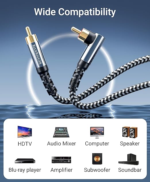 BlueRigger Subwoofer Cable 90D (50FT, RCA Audio, Dual Shielded, Gold Plated, Right Angled Male RCA Connectors) – Compatible with Subwoofer, Amplifier, Home Theater