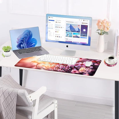 BFUKVOU Large Keyboard Mouse Pad Set, Extended Mouse Pad+Keyboard Wrist Rest Support, Memory Foam Ergonomic Easy Typing, 4Pcs (31.5×11.8 in) Desk Pad Set for Office Home,Cherry Blossom Floral