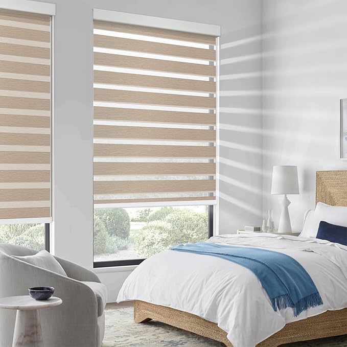 COOLWINDS Motorized Zebra Blinds for Windows Cordless Electric Curtains with Remote Control Blackout Shades Custom Smart Blinds Compatible with Alexa Google Home(Roomdarking Caramel,W23 X 72in)