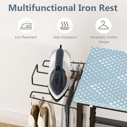 GILLAS Ironing Board with 2 Tier Storage Basket, Movable Ironing Board Full Size for Iron Rest & Clothes, Tabletop Ironing Boards, Ironing Stand Iron Boards Ironing Table Rustic Blue