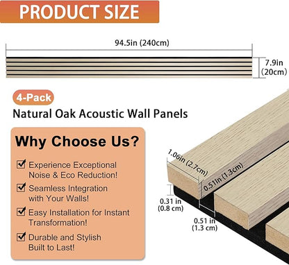 QDYMXUN Wood Slat Acoustic Wall Panels, 4-Pack 94.5'' x 7.9'' 3D Fluted Sound Absorbing Paneling for Interior Accent Wall Decor, Living Room (Natural Oak)