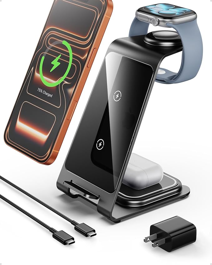 Intoval Aluminum 3 in 1 Wireless Charging Station for iPhone 17 16 15 14 13 12 11 Pro Max XR, Wireless Charger for Apple Watch 11 10 9 8 7 Ultra SE 3 2, Phone Charger for AirPods 4 Pro 2 3 (Grey)