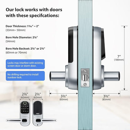 CATCHFACE Smart Fingerprint Lock - Keyless Entry Door Lock with Reversible Handle - Silver
