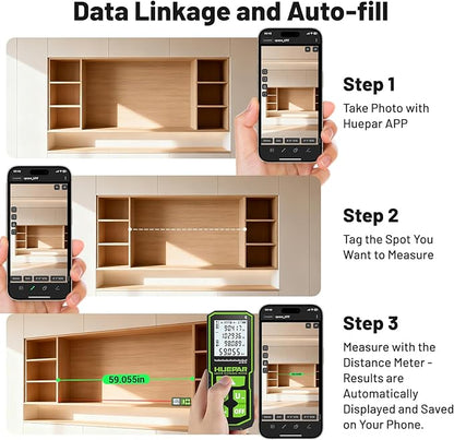 Huepar 330Ft Green Laser Measurement Tool with APP Control, Rechargeable Bluetooth Distance Meter ±1/16" High Accuracy, Angle Sensor, Multiple Modes, IP54 Waterproof Durable for Home & Construction