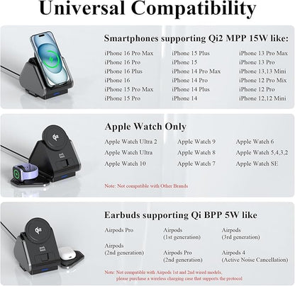 3 in 1 Charging Station, Mag Safe Wireless Charger Stand, Qi2 Certified, 15W Multiple Device Magnetic Charging Station for iPhone 16,15,14,13,12 Series, Apple Watch, AirPods (USB-C Charger Included)