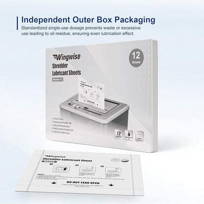 Wingwise 12-Pack Shredder Lubricant Sheets, 8.5 x 6 Inches, Sharpens Blades & Reduces Jams, Mess-Free Maintenance for All Shredders
