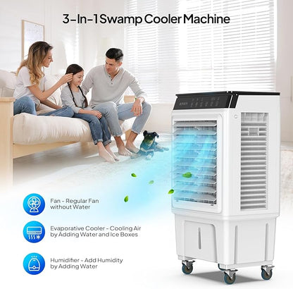 ROVSUN 2300CFM Portable Air Cooler, 7.9Gal/30L Evaporative Swamp Cooler, 3-IN-1 Cooling Fan with Remote Control, 12H Timer & 4 Ice Box, 3 Speeds, Humidifying Oscillating Fan for Indoor or Outdoor