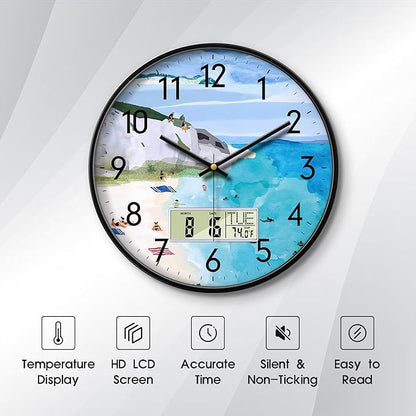 SCOAGE Silent Wall Clock with Temperature Day and Date Blue Mountain and Sea Beach Non-ticking Kitchen Clock Digital Large Display Battery Operated Clocks Decor for Bathroom Living Room Office 12 Inch