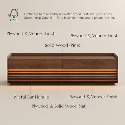 POVISON Fully-Assembled Mid Century Modern TV Stand, 70.87" Wood Media Console with Adjustable LED Light, Entertainment Center with Storage for Living Room