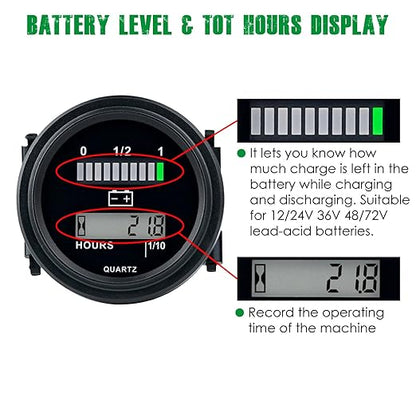 Yooreal 12/24V 36/48V 72V Golf Cart Battery Meter,Hour Meter&Battery Indicator Gauge Meter Lead-Acid Battery(Excluded Trojan),Charging Reminder,for Golf Cart Club Car RV Forklift Tractor ETC
