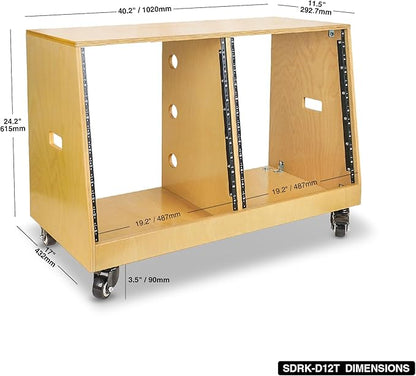 Sound Town DIY 2 x 12U Slanted Studio Rack with Solid Baltic Birch Plywood, Casters, Golden Oak for Recording Room, Home Studio (SDRK-D12T)
