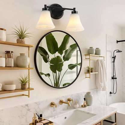 LOUSACE 2 Light Bathroom Vanity Light Matte Black Bathroom Lighting Fixtures Over Mirror with Opal White Frosted Glass, Vintage Traditional Wall Lighting Fixture Vanity Lights