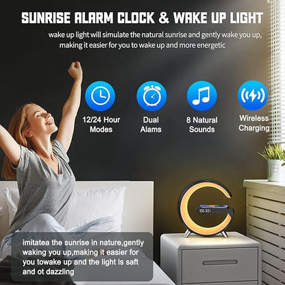 Smart Table Lamp, 15W Wireless Charger Station with LED Atmosphere Lamp, Bedside Night Light, Alarm Clock, Bluetooth Speaker with App Control for Home Decor, Gift for Girls Boys for Birthday Christmas
