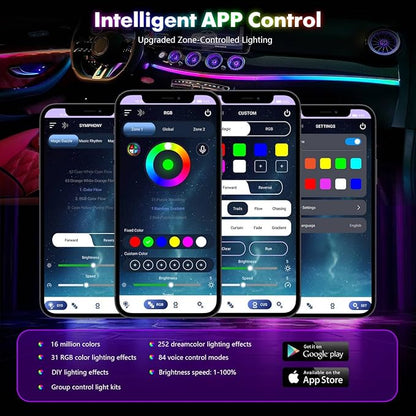 New Version Dreamcolor Acrylic Car Interior Lights 10 in 1 RGB LED Strip Lights APP Control Zoned Control System 252 Color Modes DIY Fiber Optic Ambient Lighting Kits Music Car Neon Lights