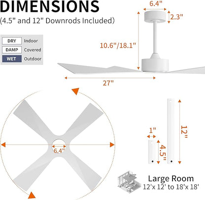 WINGBO 54" Wet Rated Outdoor Ceiling Fan with Lights, 4 ABS Plastic Blades, Reversible DC Motor, 6-Speed Remote Control, 3 CCT, Waterproof Ceiling Fan for Patio Porch Gazebo Garage, Gloss White
