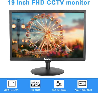 Suprlipy 19 inch FHD Small IPS Monitor LCD Display Screen 1440x900 60Hz 16:10 with HDMI BNC VGA AV USB Input Built-in Lounspeakers for CCTV Security Camera DVR PC RasPi