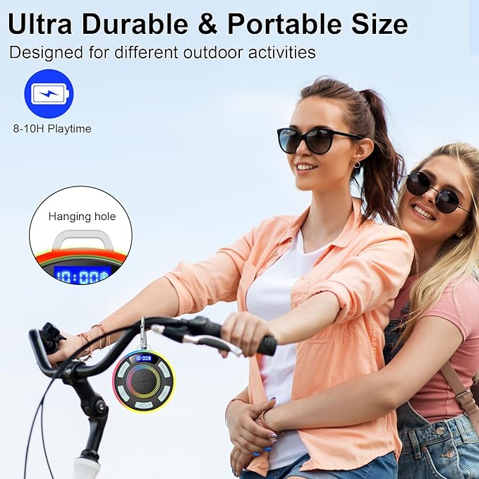 IPX7 Waterproof Shower Bluetooth Speaker, Portable Small Speaker with Suction Cup and Time Display, Loud Crystal Sound & Bass 10H Playtime 1100mAh, Wireless Shower Speakers for Pool, Beach Gift Cyan