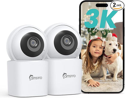 CAMSTRO 3K Indoor Security Camera 2 Pack, 360° Pan/Tilt WiFi Camera for Home Security, 2.4/5GHz Pet/Dog/Baby Camera with Phone App, Night Vision, Two-Way Audio, 24/7 SD/Cloud Storage, Works with Alexa