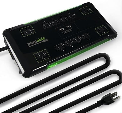 Plugable Surge Protector Power Strip with USB and 12 AC Outlets, Built-in 10.5W 2-Port USB Charger for Android, Apple iOS, and Windows Mobile Devices, 25 Foot Extension Cord