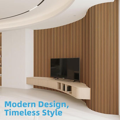 Art3d 2-Pack Acoustic Wood Slat Wall Panel with Roll-Flat Design - 95.3 x 23.8 Inch Sound Absorbing Panels for Living Room Columns Corridor Curved Wall Decor, Teak