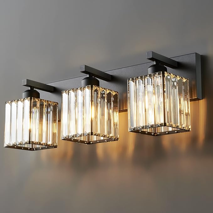 FDPBY Modern Bathroom Vanity Light 3-Lights Modern Black Crystal Wall Light Bathroom Vanity Light Fixtures
