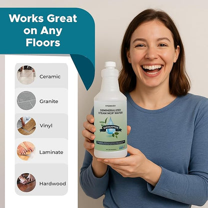 Steam & Go Demineralized Water Cleaning Solution for Floor & Multi-Surface Steam Cleaners - Compatible for All Steam Mops - Eucalyptus Mint Scent, 32 oz, Pack of 6