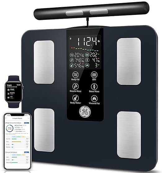 GE Smart Scale for Body Weight: 8-Electrode Digital Bathroom Scale for Weight Fat BMI Muscle Mass Full Body Composition Analyzer 27 Measurements Bluetooth Highly Accurate Weighing Machine 400lb Black