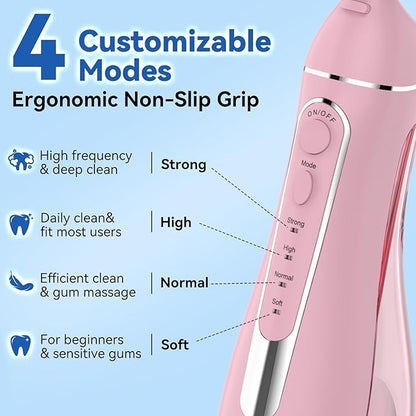 Cordless Portable Water Flosser with 300ML Tank: Rechargeable Oral Irrigator with 5 Tips for Travel, Braces Care and Sensitive Gums, IPX7 Waterproof Teeth Cleaning Device(Pink)