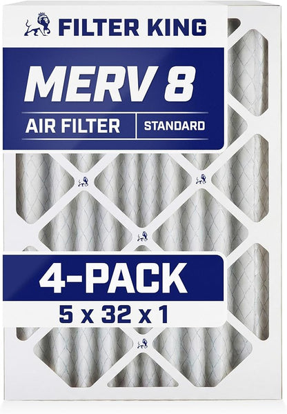 Filter King 5x32x1 Air Filter | 4-PACK | MERV 8 HVAC Pleated A/C Furnace Filters | MADE IN USA | Actual Size: 5 x 32 x .75"