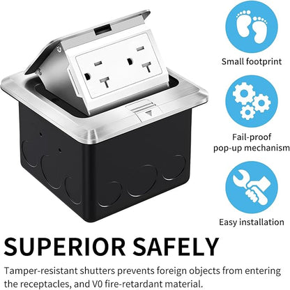 Vagueior Recessed Floor Electrical Outlet Kit,Waterproof Electrical Outlet Covcer Box,Hidden 20A Tamper-Resistant Receptacle Outlet with Slow Elastic Damping，ETL Certified,Silver (2 Pack)