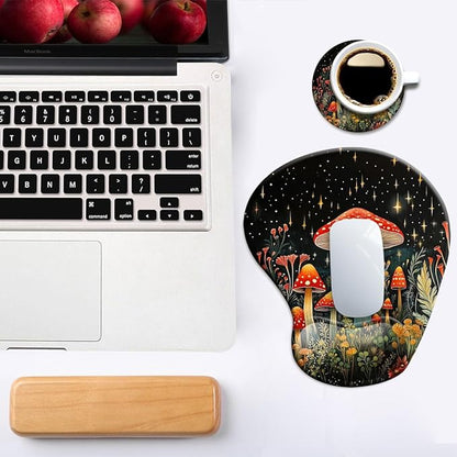 Ergonomic Mouse Pad with Wrist Support,Mouse Pad with Wrist Rest and Coaster Set,Office Supplies Non-Slip Mouse Pads for Desk, Non-Slip Comfortable,Mushroom Star