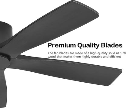 WINGBO 48" Flush Mount DC Ceiling Fans Without Lights, 5 Carved Solid Wood Blades, 6-Speed Reversible DC Motor, Low Profile Hugger Ceiling Fan No Lights for Living Room Bedroom Patio, Matte Black