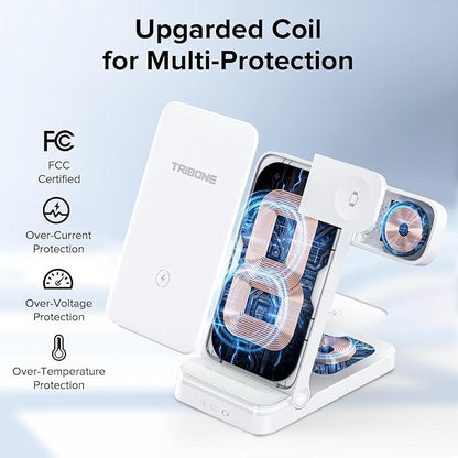 Wireless Charger, Tribone 3 in 1 Foldable Fast Charger for iPhone 16 15 14 13 12 11 Pro Max XR XS 8 Plus,for Multiple Devices，for Apple Watch 10 9 8 7 6 5 4 3 2 SE Ultra,for AirPods Pro 4 3 2 (White)