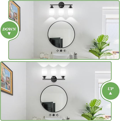 Guliaofo 3-Light Bathroom Light Fixtures, Black Vanity Lights for Mirror with Textured Milky White Glass Shade, E26 Base Modern Kitchen Light Fixtures Wall Sconce Light