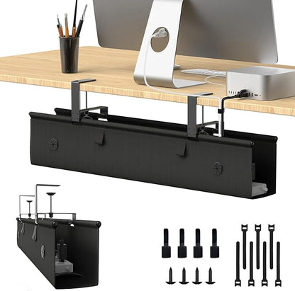 KIGJU Under Desk Cable Management Tray, 30-inch No-Drill Cord Organizer with Anti-Sag Reinforced Base, Fabric Wire Management Hider for Standing Desk, Office & Gaming Accessories - Black