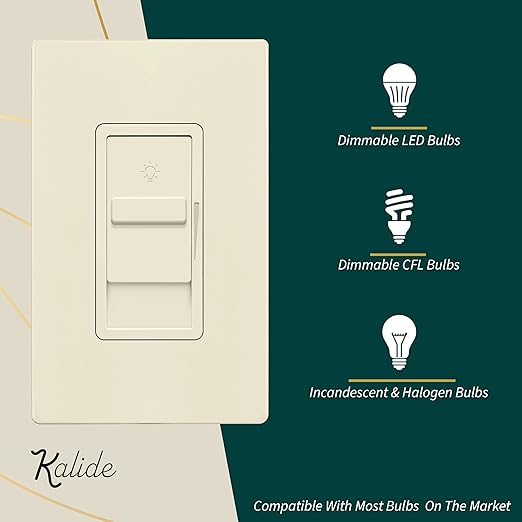 TOPGREENER Digital Dimmer Light Switch for 200W Dimmable LED/CFL Lights, Single Pole Led Slide Dimmer Switch, Neutral Wire Not Required, UL Listed, TGDS1-LA, Light Almond,1 Pack