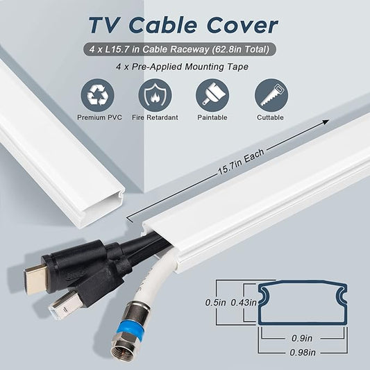 YCLYC Cable Cover, 62.8in Black Cord Hider for TV, Paintable Cord Cover Kit, Hide Cords - Cord Concealer Cable Channel 4xL15.7in W0.98in H0.5in